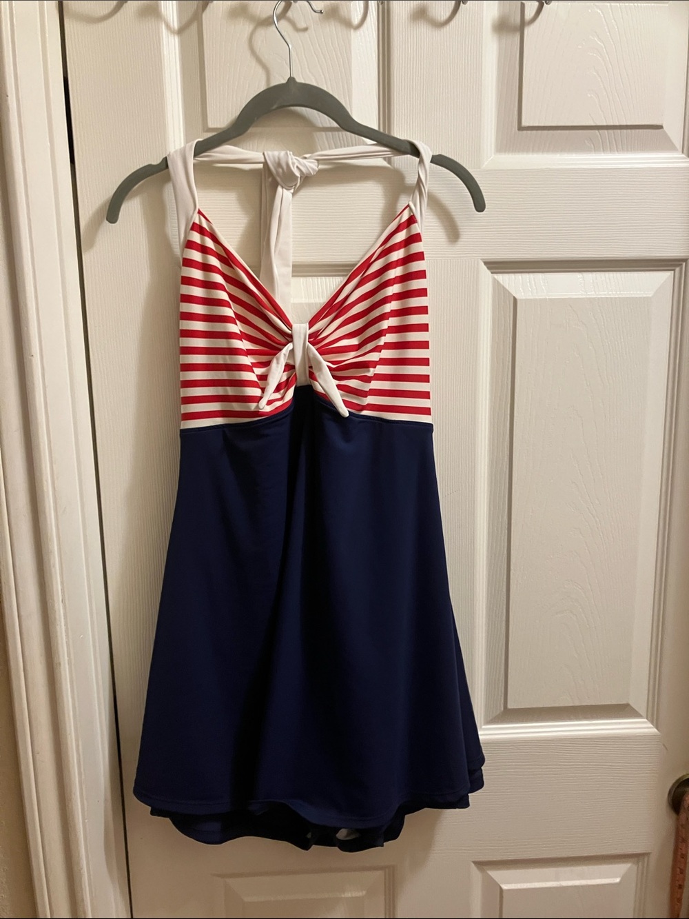 COCOSHIP Red White and Navy Striped Tie-Front One-Piece Swimdress